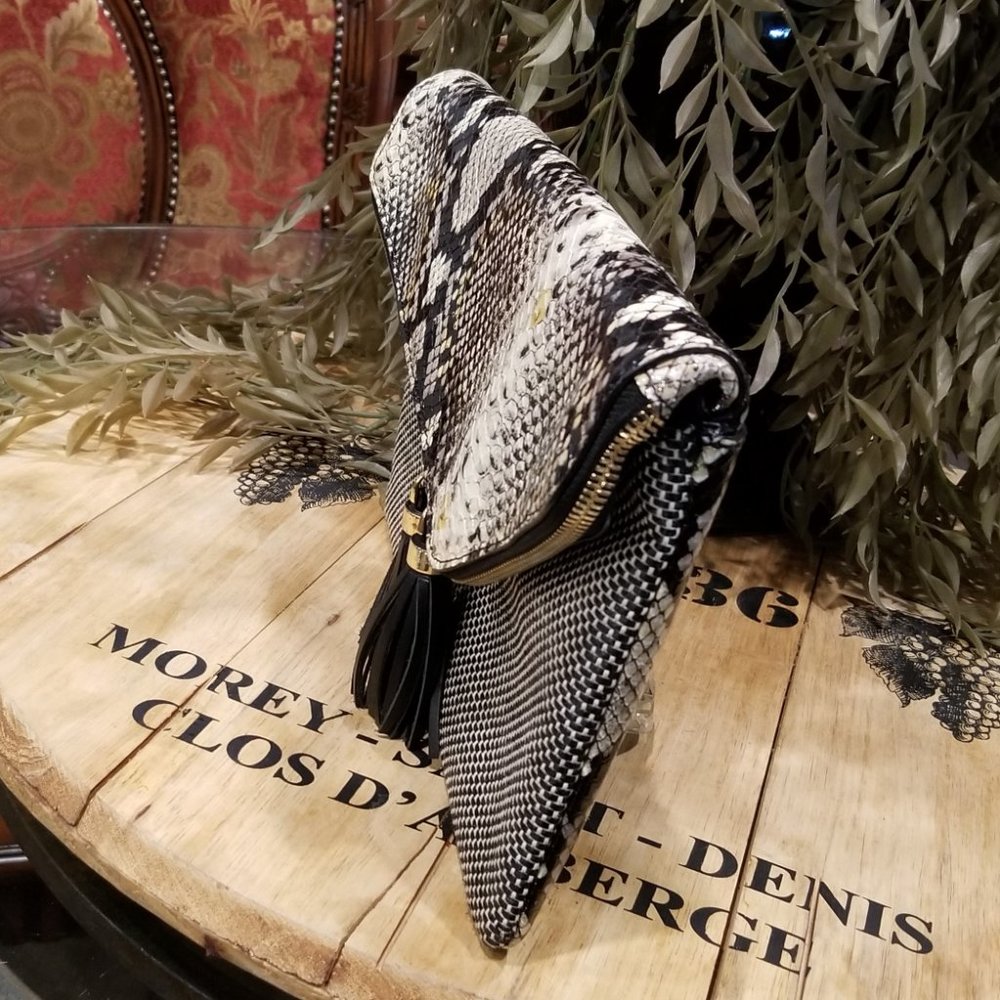 henri bendel Black White Snakeskin-Accent Foldover Clutch with Tassels - Picture 5 of 10